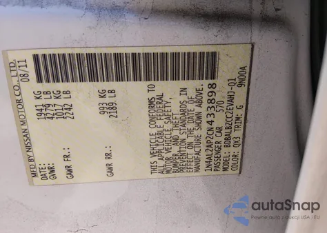 2012 Nissan Altima 2.5 S z USA, uszkodzony, nr VIN 1N4AL2AP2CN433898